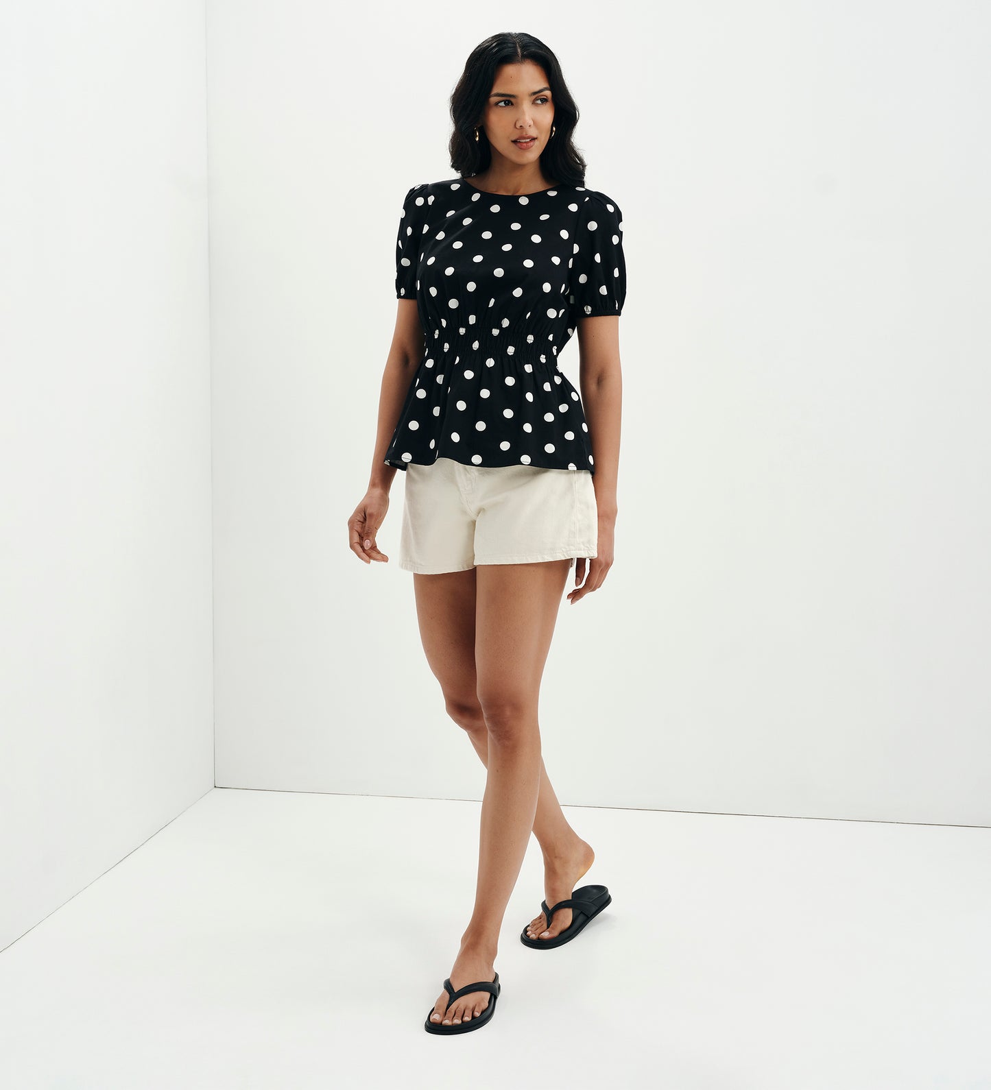 Raya Black Polka Dot Cotton Puff Sleeve Elasticated Waist Top
