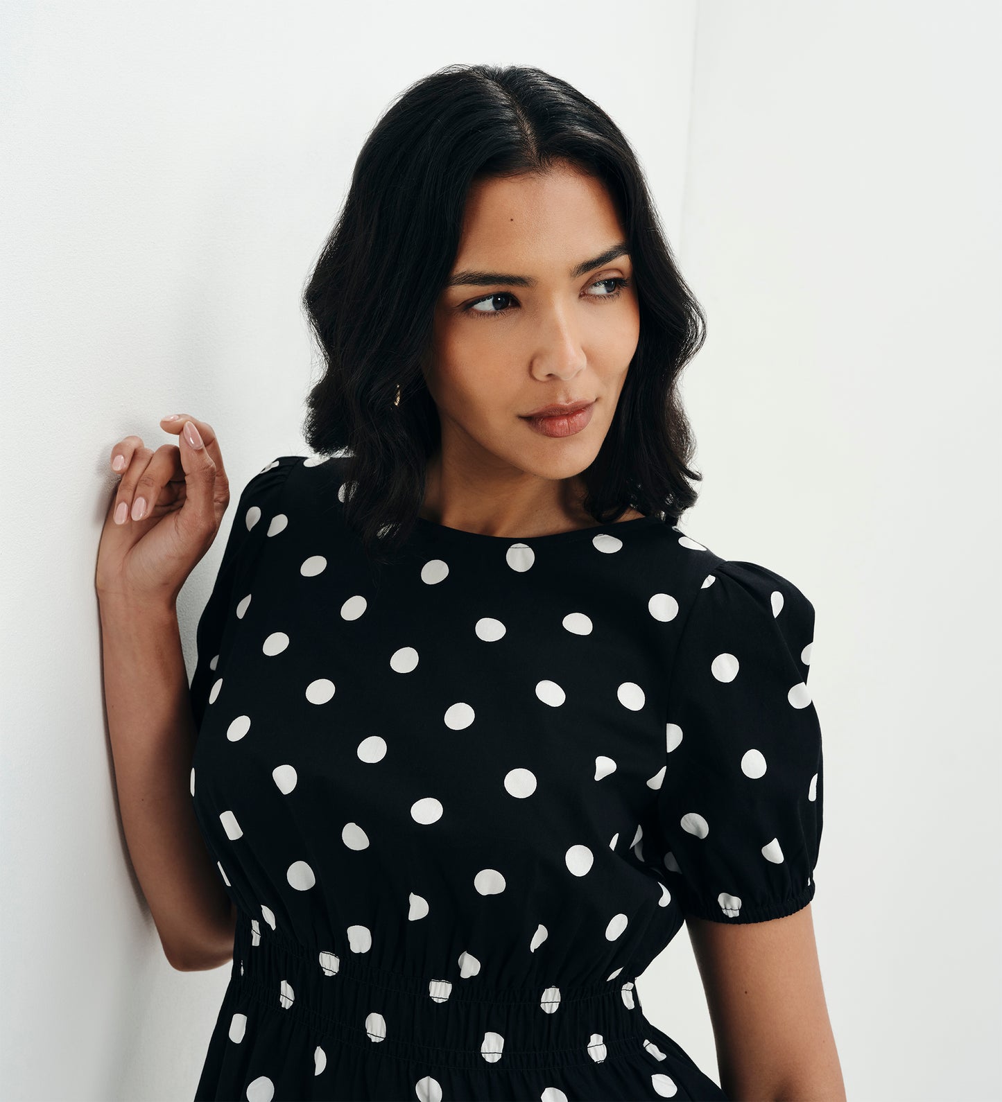 Raya Black Polka Dot Cotton Puff Sleeve Elasticated Waist Top
