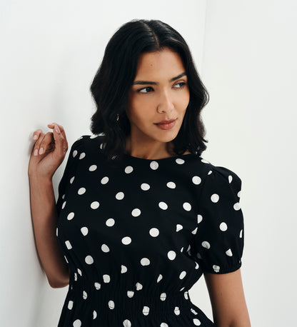 Raya Black Polka Dot Cotton Puff Sleeve Elasticated Waist Top