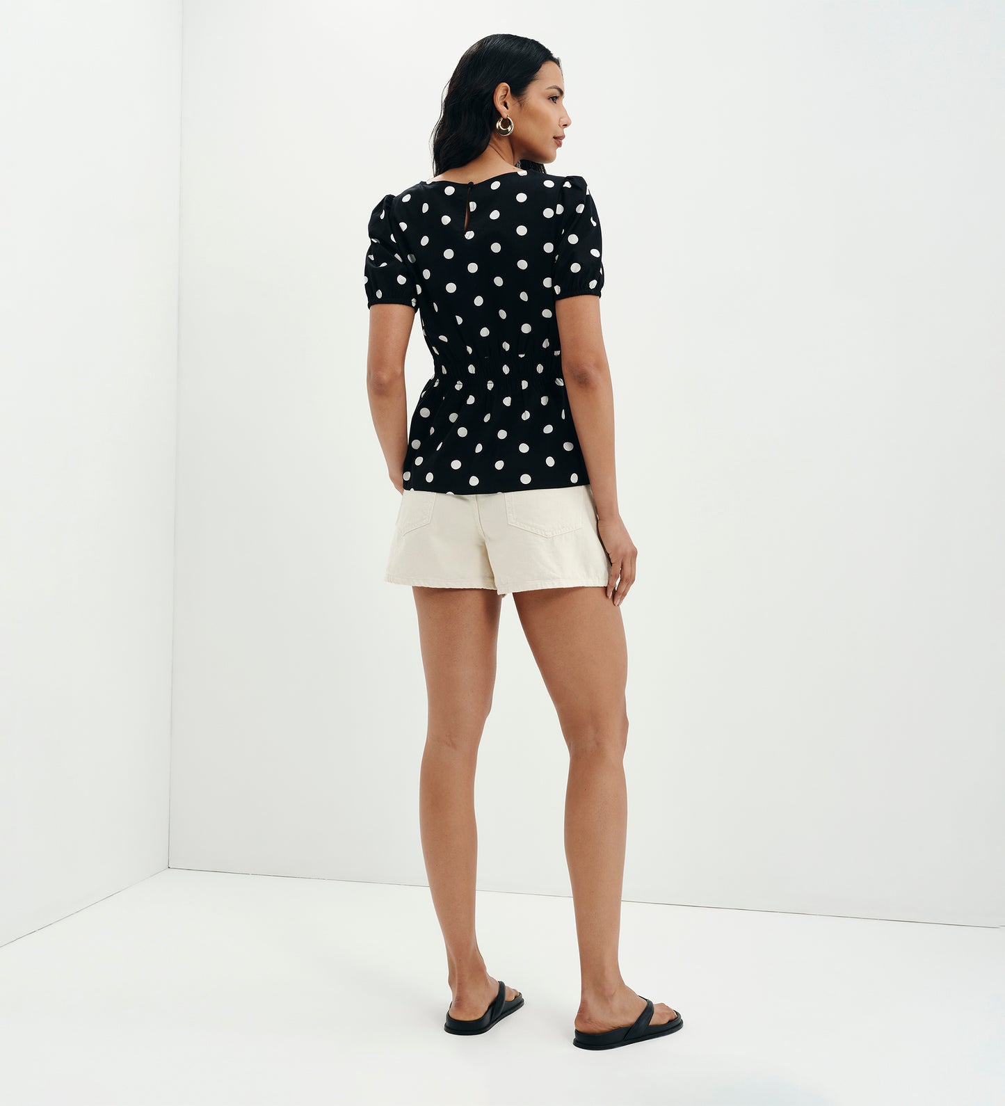 Raya Black Polka Dot Cotton Puff Sleeve Elasticated Waist Top