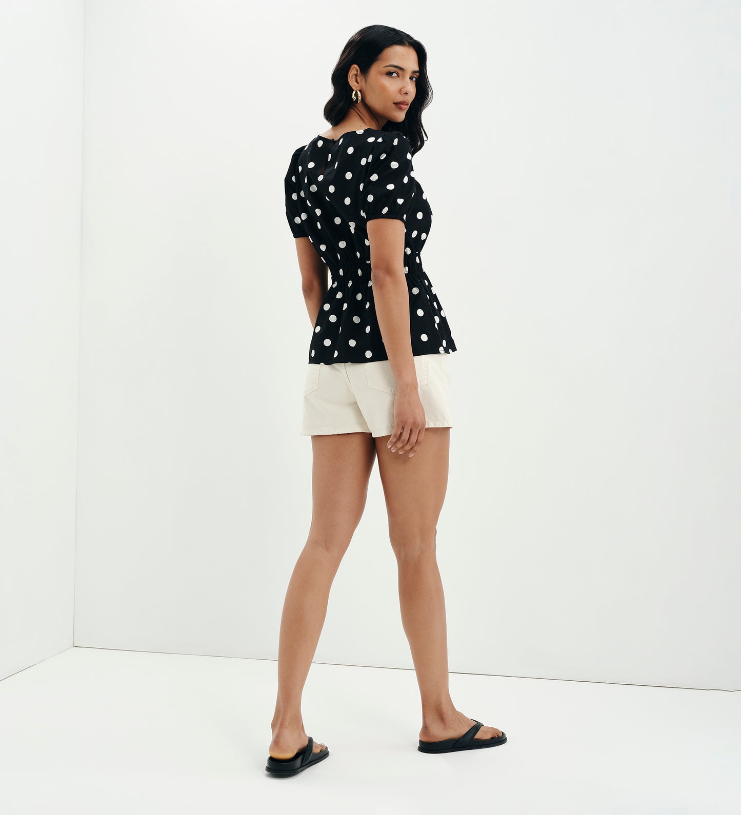 Raya Black Polka Dot Cotton Puff Sleeve Elasticated Waist Top