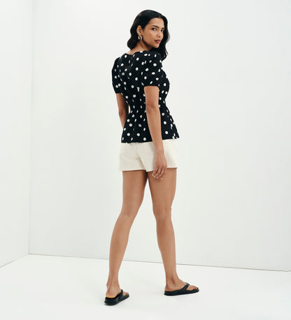Raya Black Polka Dot Cotton Puff Sleeve Elasticated Waist Top