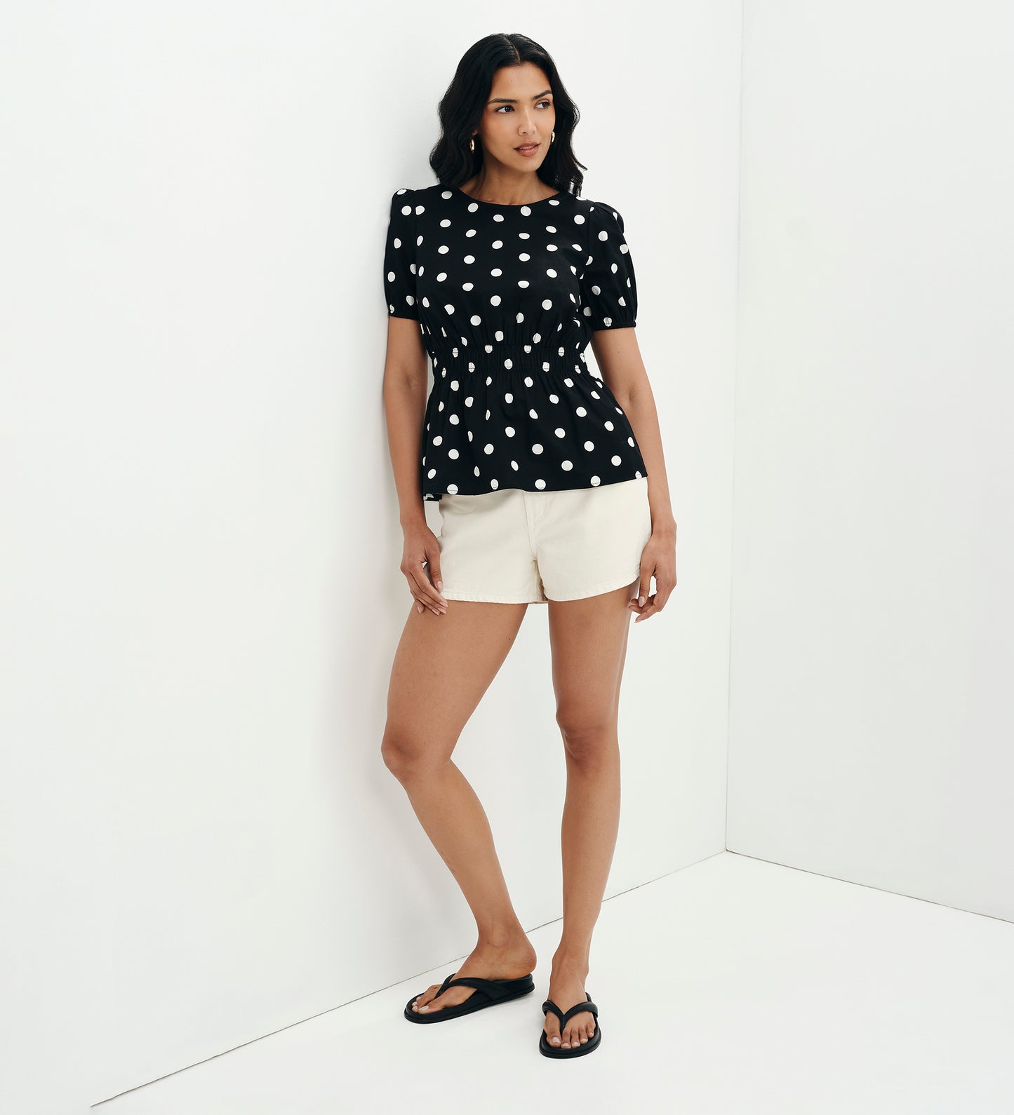 Raya Black Polka Dot Cotton Puff Sleeve Elasticated Waist Top