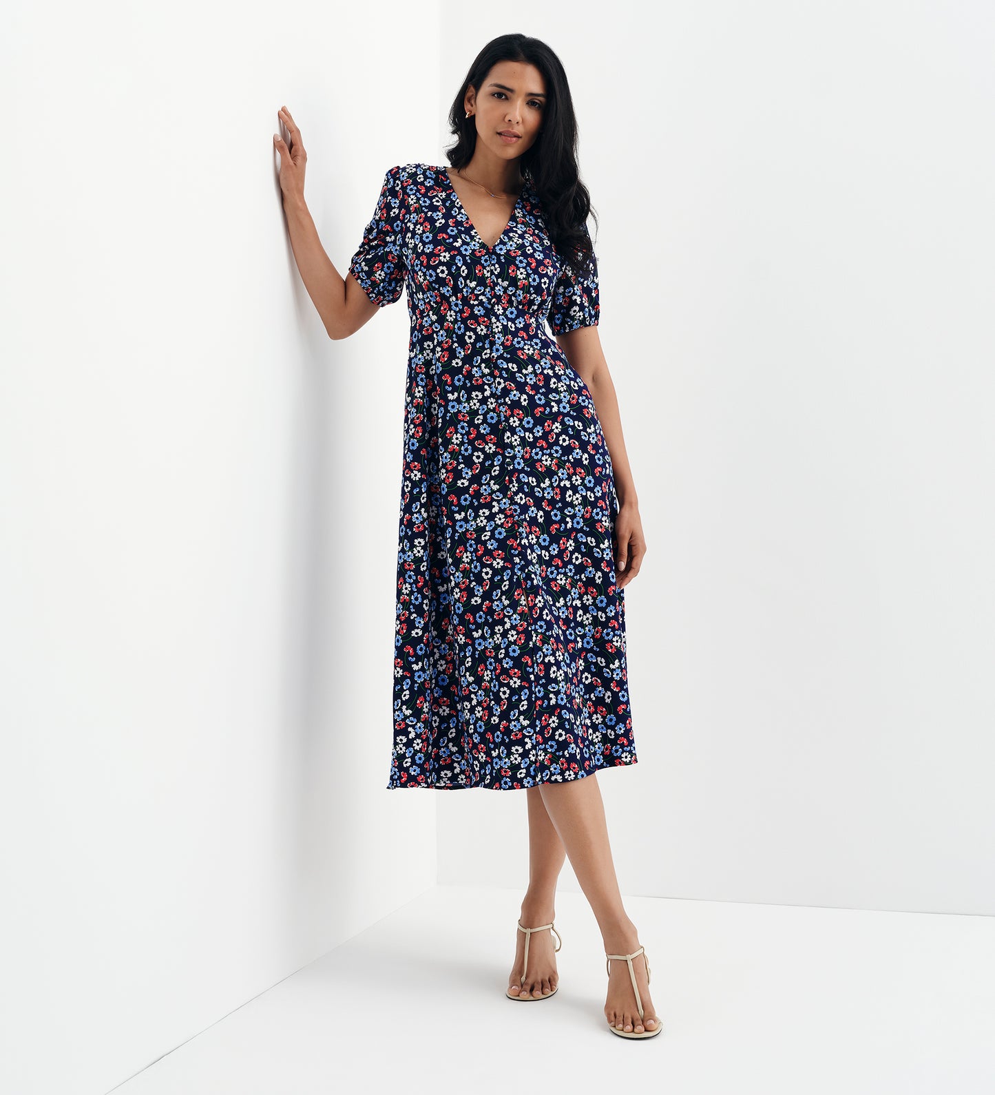 Robyn Navy Daisy Button Through V-Neck Midi Dress
