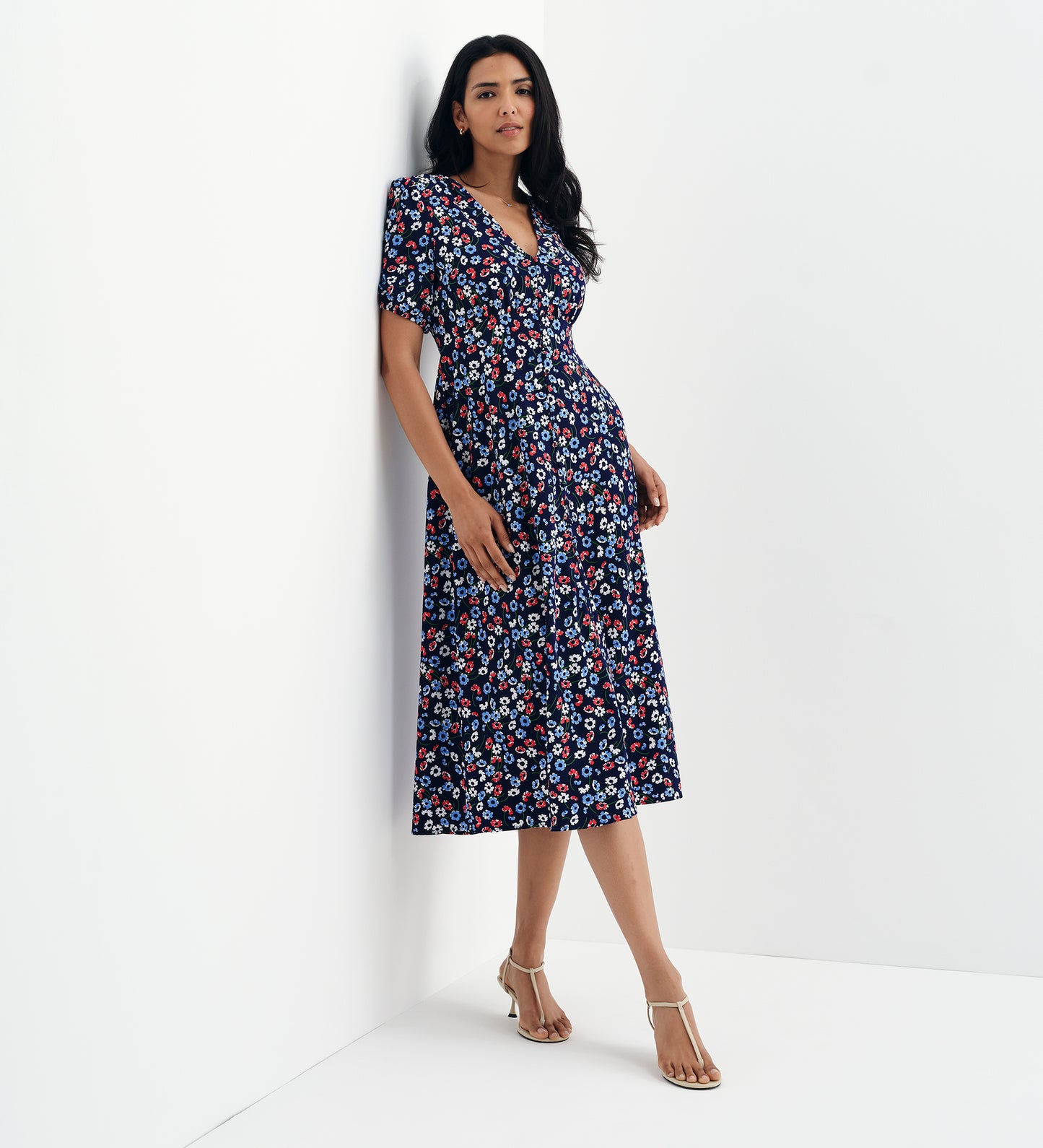 Robyn Navy Daisy Button Through V-Neck Midi Dress