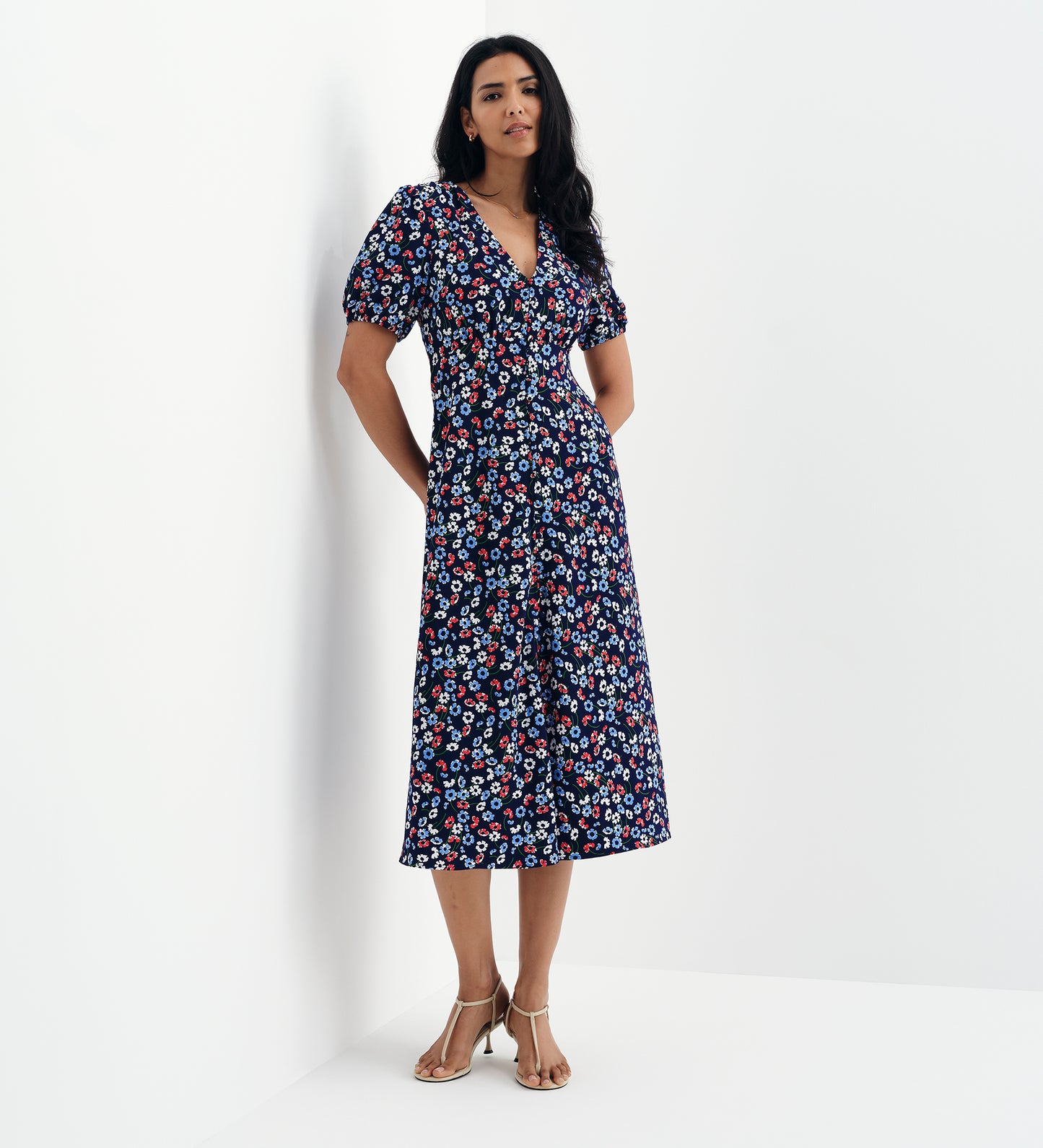 Robyn Navy Daisy Button Through V-Neck Midi Dress