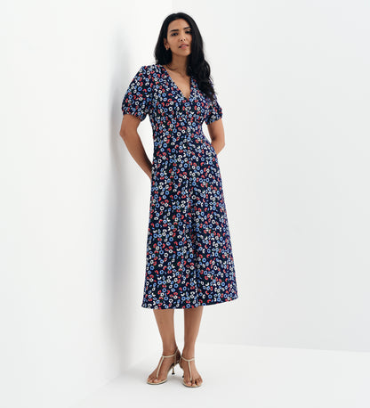 Robyn Navy Daisy Button Through V-Neck Midi Dress