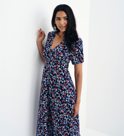 Robyn Navy Daisy Button Through V-Neck Midi Dress