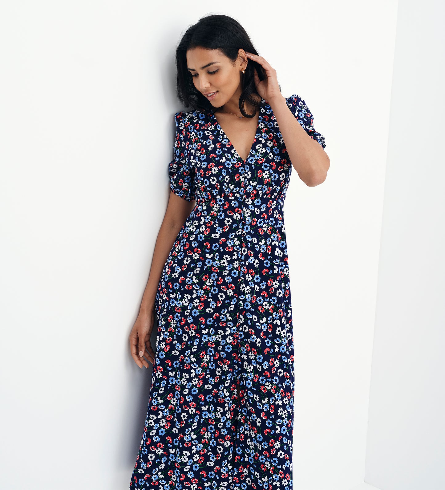 Robyn Navy Daisy Button Through V-Neck Midi Dress