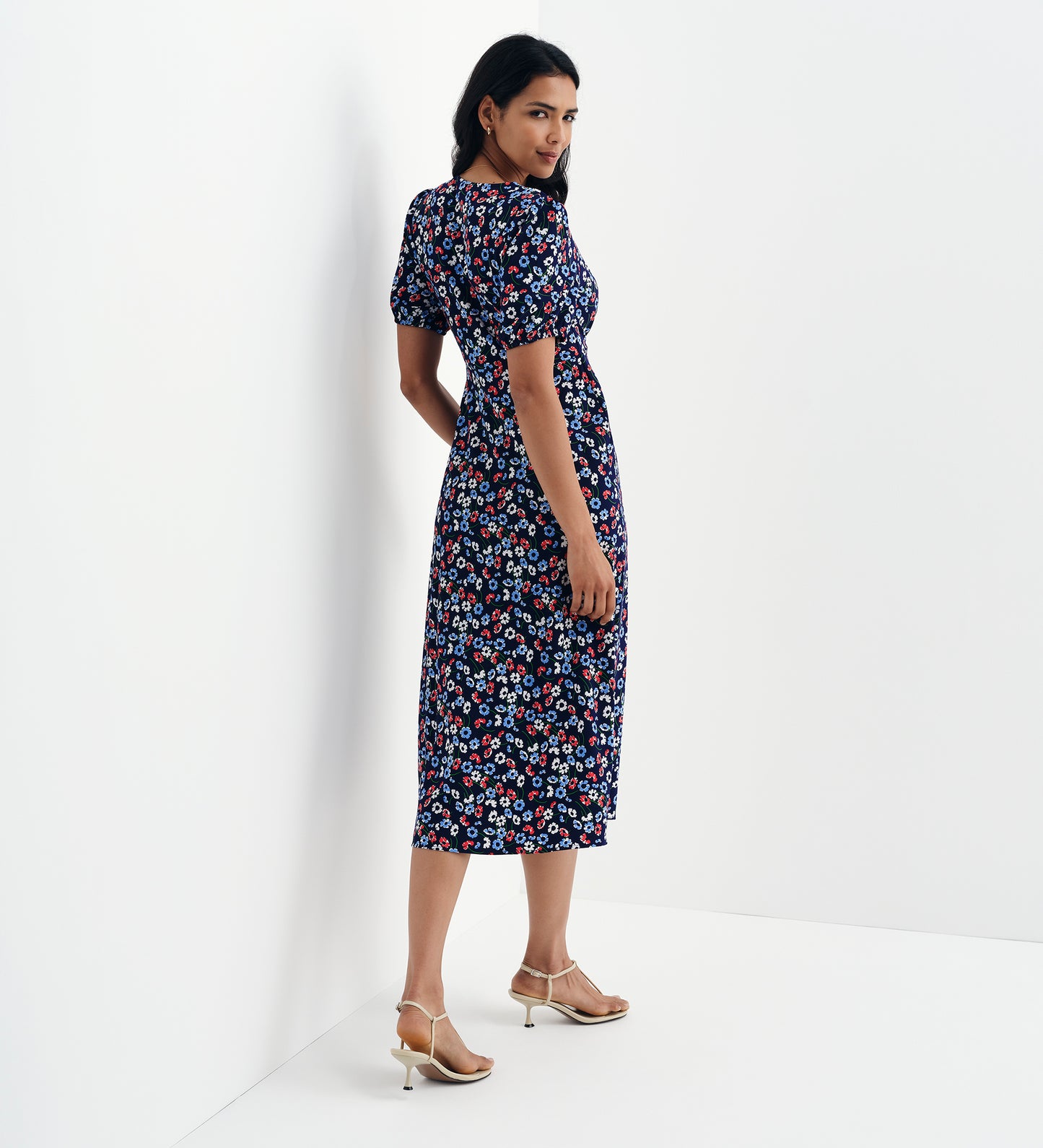 Robyn Navy Daisy Button Through V-Neck Midi Dress