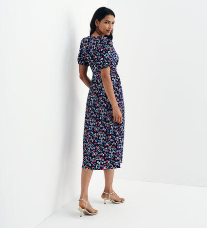 Robyn Navy Daisy Button Through V-Neck Midi Dress