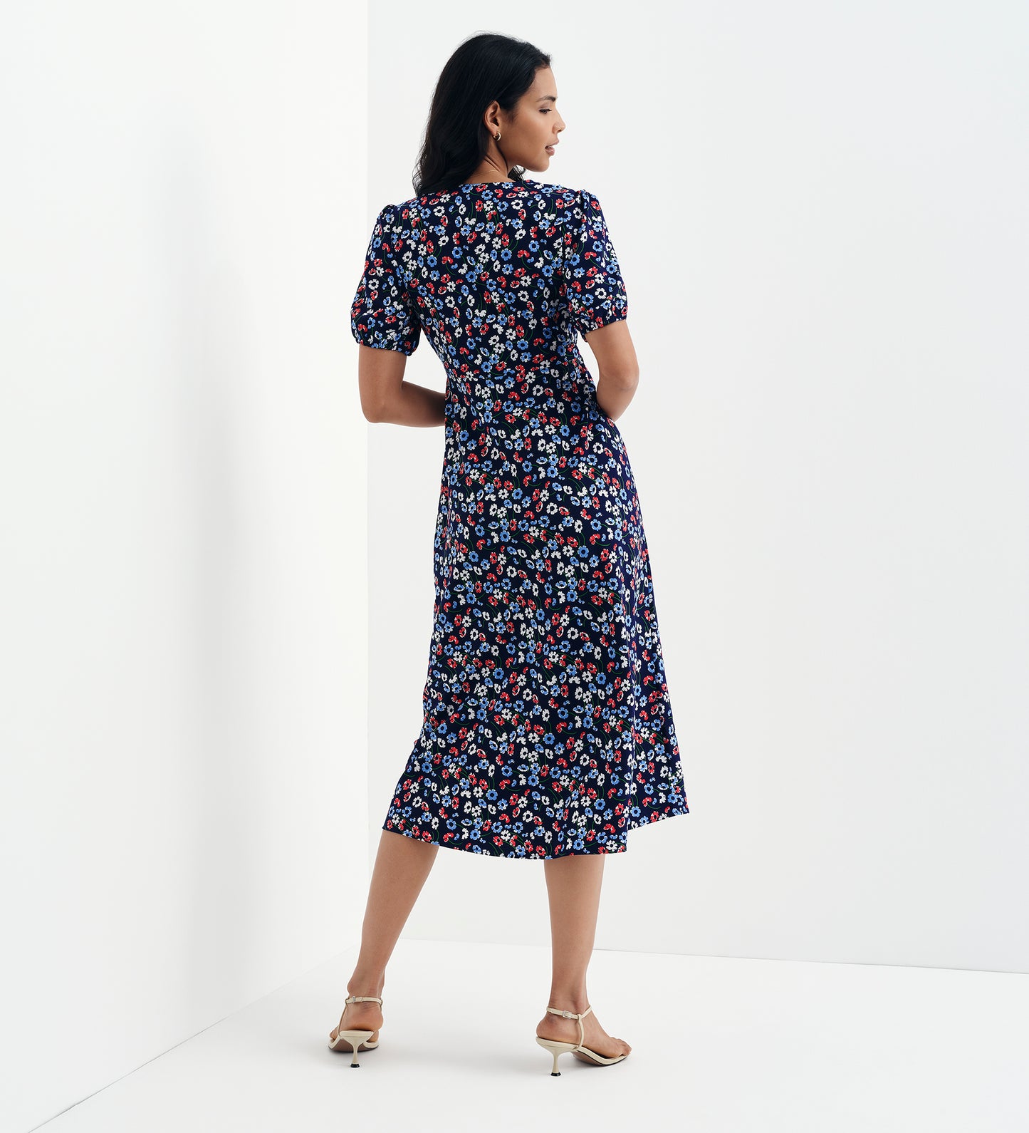 Robyn Navy Daisy Button Through V-Neck Midi Dress