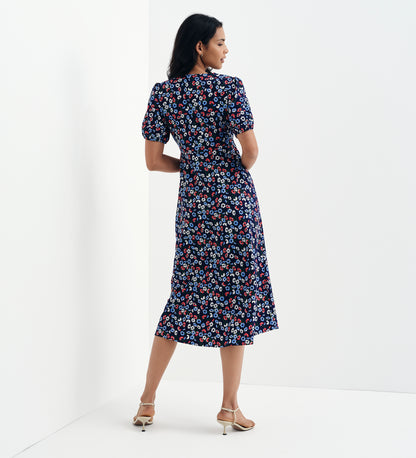 Robyn Navy Daisy Button Through V-Neck Midi Dress