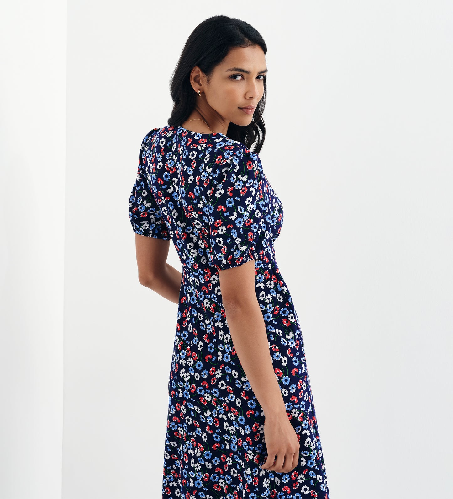 Robyn Navy Daisy Button Through V-Neck Midi Dress