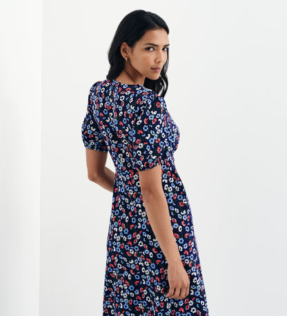 Robyn Navy Daisy Button Through V-Neck Midi Dress
