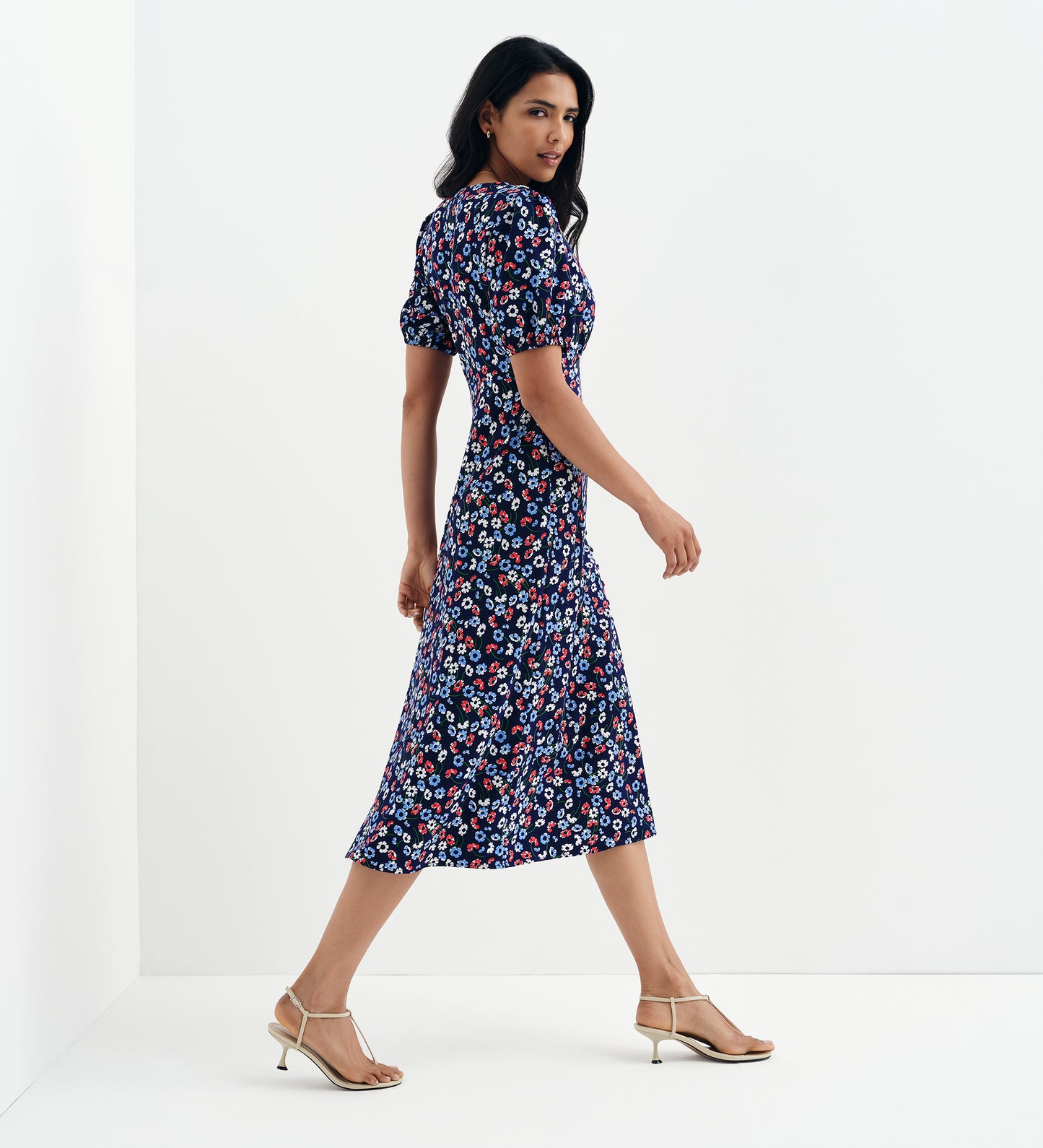 Robyn Navy Daisy Button Through V-Neck Midi Dress