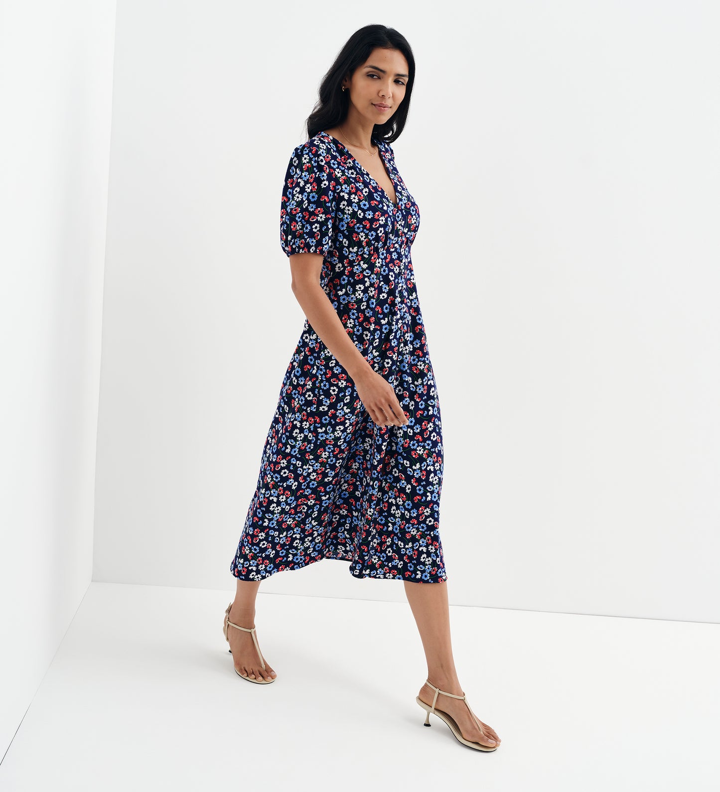 Robyn Navy Daisy Button Through V-Neck Midi Dress