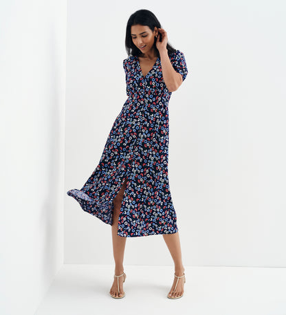 Robyn Navy Daisy Button Through V-Neck Midi Dress