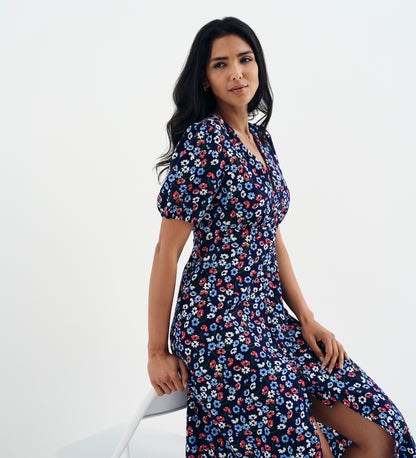 Robyn Navy Daisy Button Through V-Neck Midi Dress