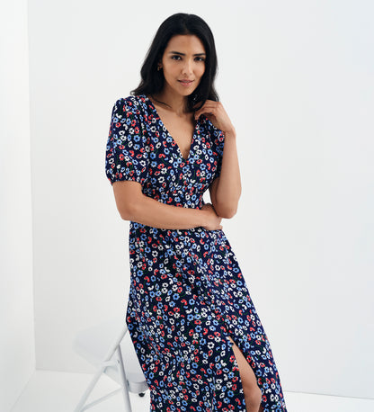 Robyn Navy Daisy Button Through V-Neck Midi Dress