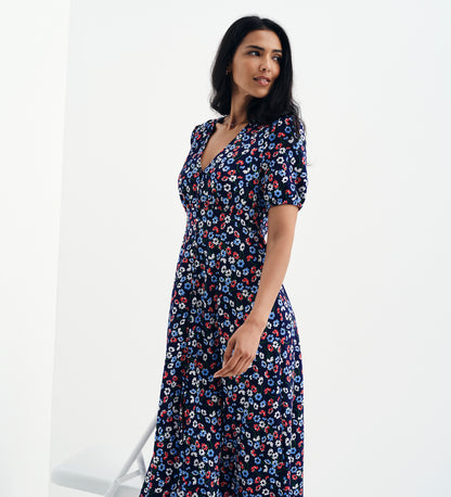 Robyn Navy Daisy Button Through V-Neck Midi Dress