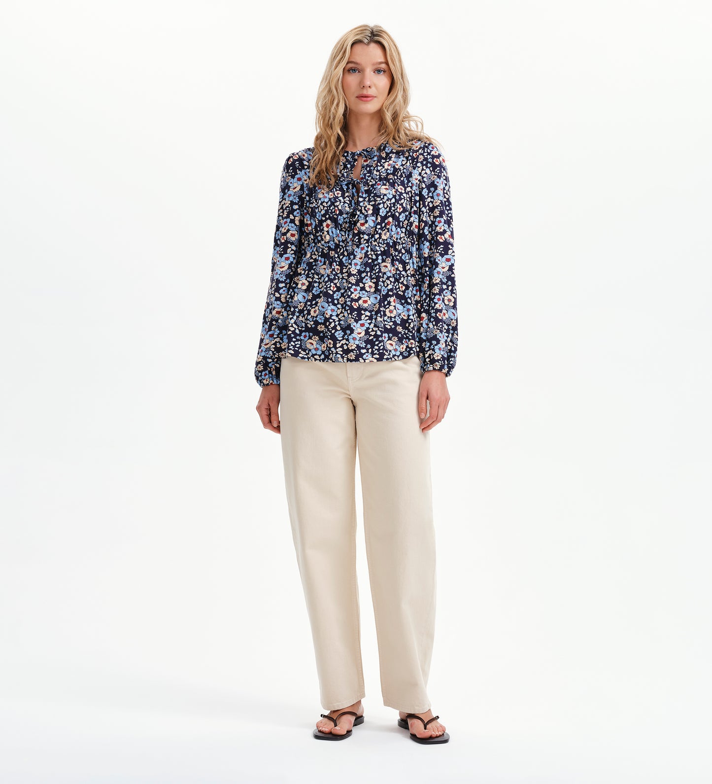 Roisin Blue Floral Bow Front Elasticated Long Sleeve Blouse