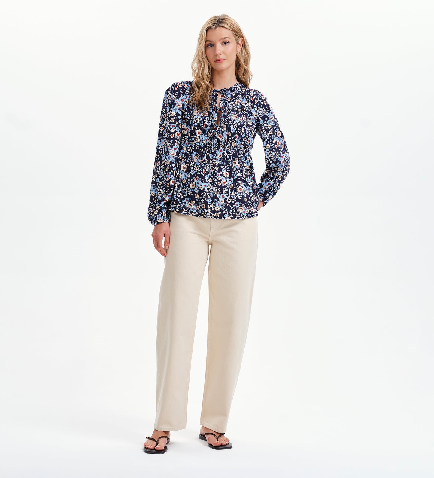 Roisin Blue Floral Bow Front Elasticated Long Sleeve Blouse