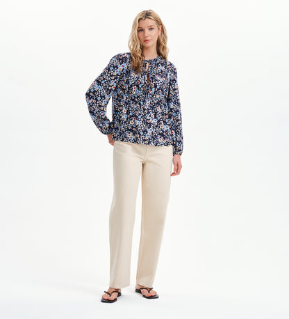 Roisin Blue Floral Bow Front Elasticated Long Sleeve Blouse