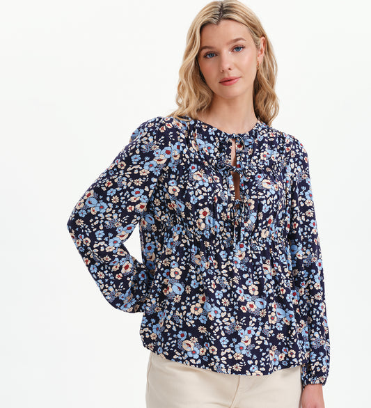 Roisin Blue Floral Bow Front Elasticated Long Sleeve Blouse