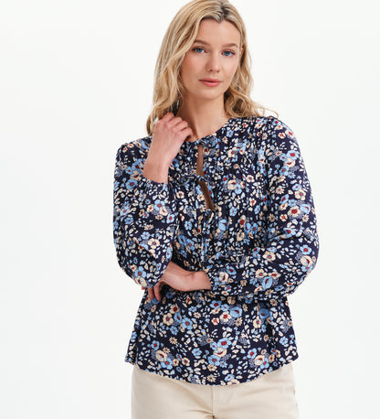 Roisin Blue Floral Bow Front Elasticated Long Sleeve Blouse