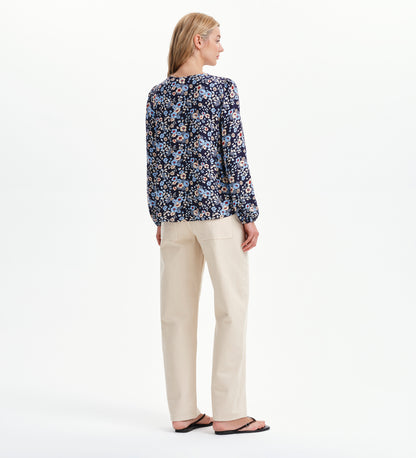 Roisin Blue Floral Bow Front Elasticated Long Sleeve Blouse