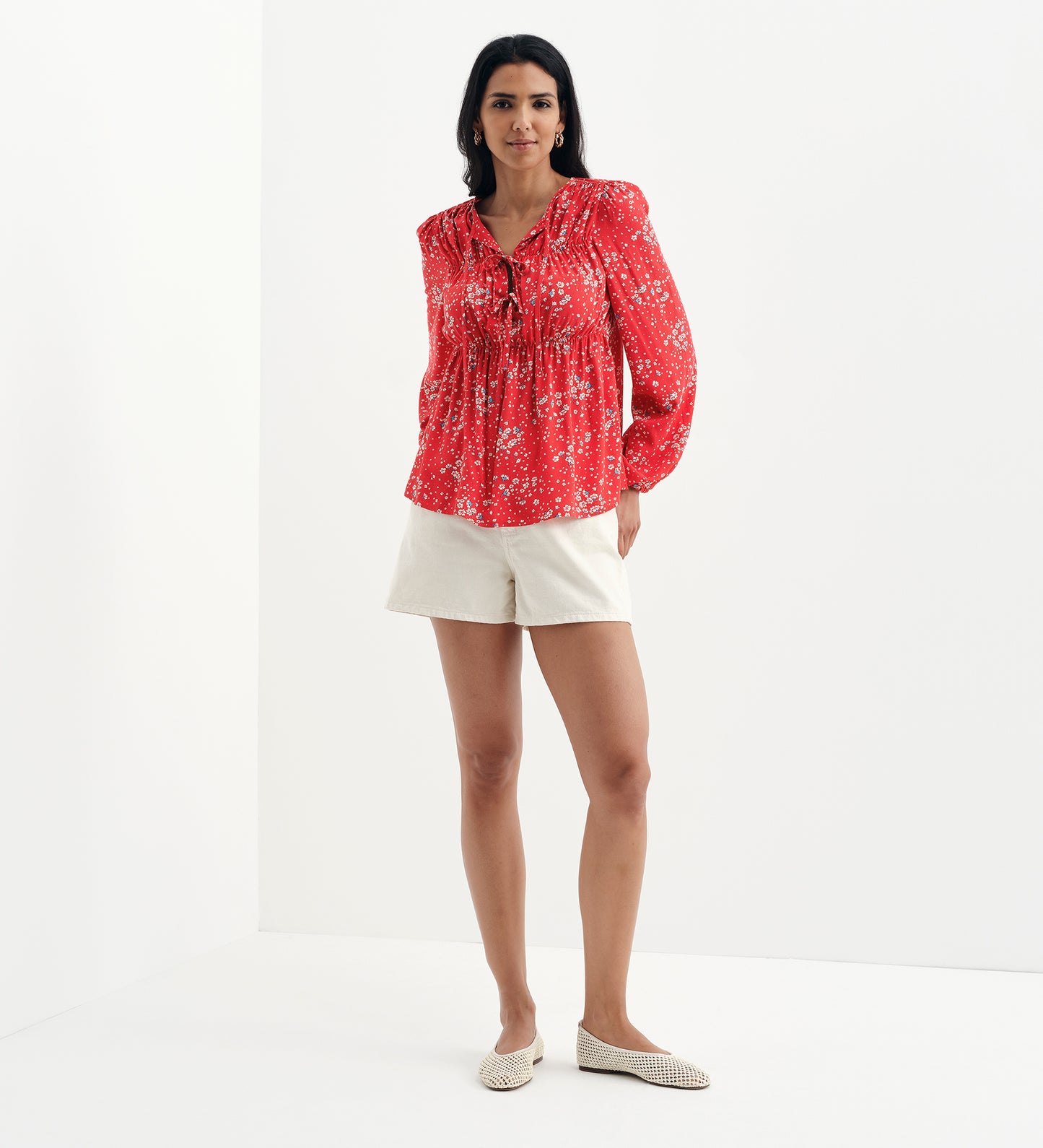 Roisin Red Ditsy Bow Front Elasticated Long Sleeve Blouse