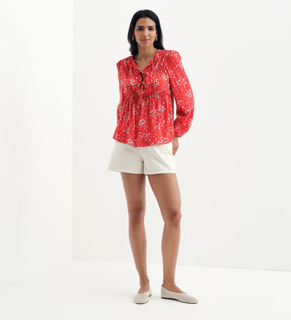 Roisin Red Ditsy Bow Front Elasticated Long Sleeve Blouse