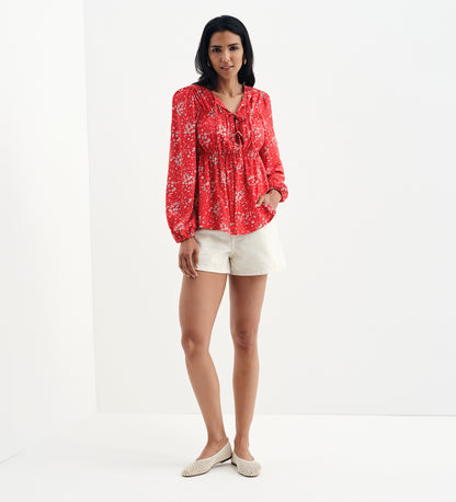 Roisin Red Ditsy Bow Front Elasticated Long Sleeve Blouse