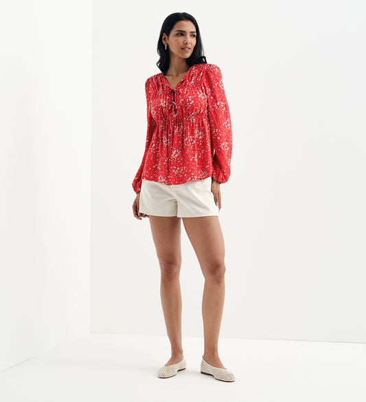 Roisin Red Ditsy Bow Front Elasticated Long Sleeve Blouse