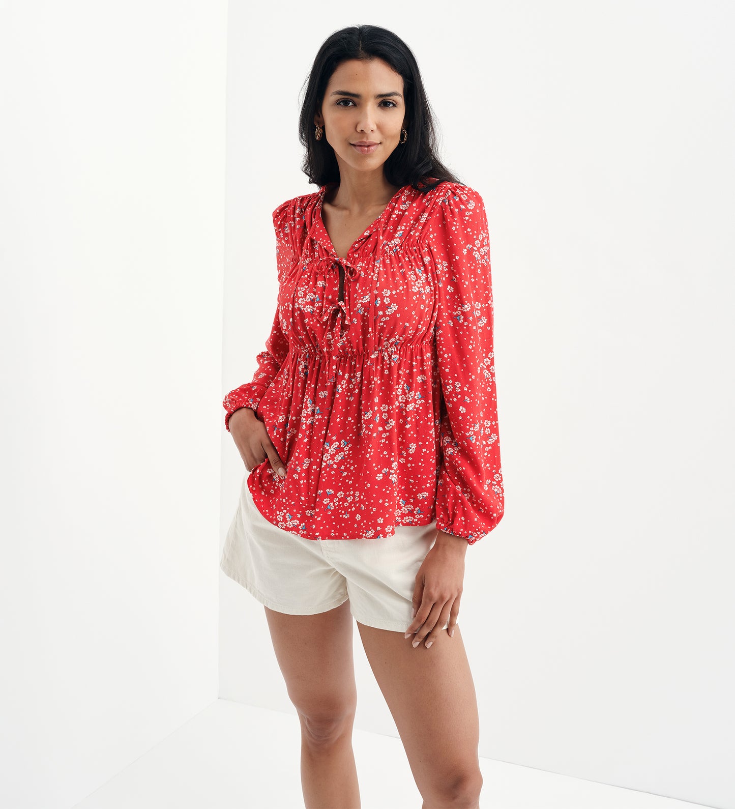 Roisin Red Ditsy Bow Front Elasticated Long Sleeve Blouse