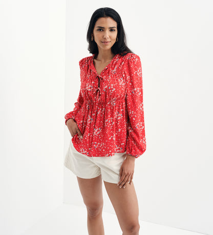 Roisin Red Ditsy Bow Front Elasticated Long Sleeve Blouse