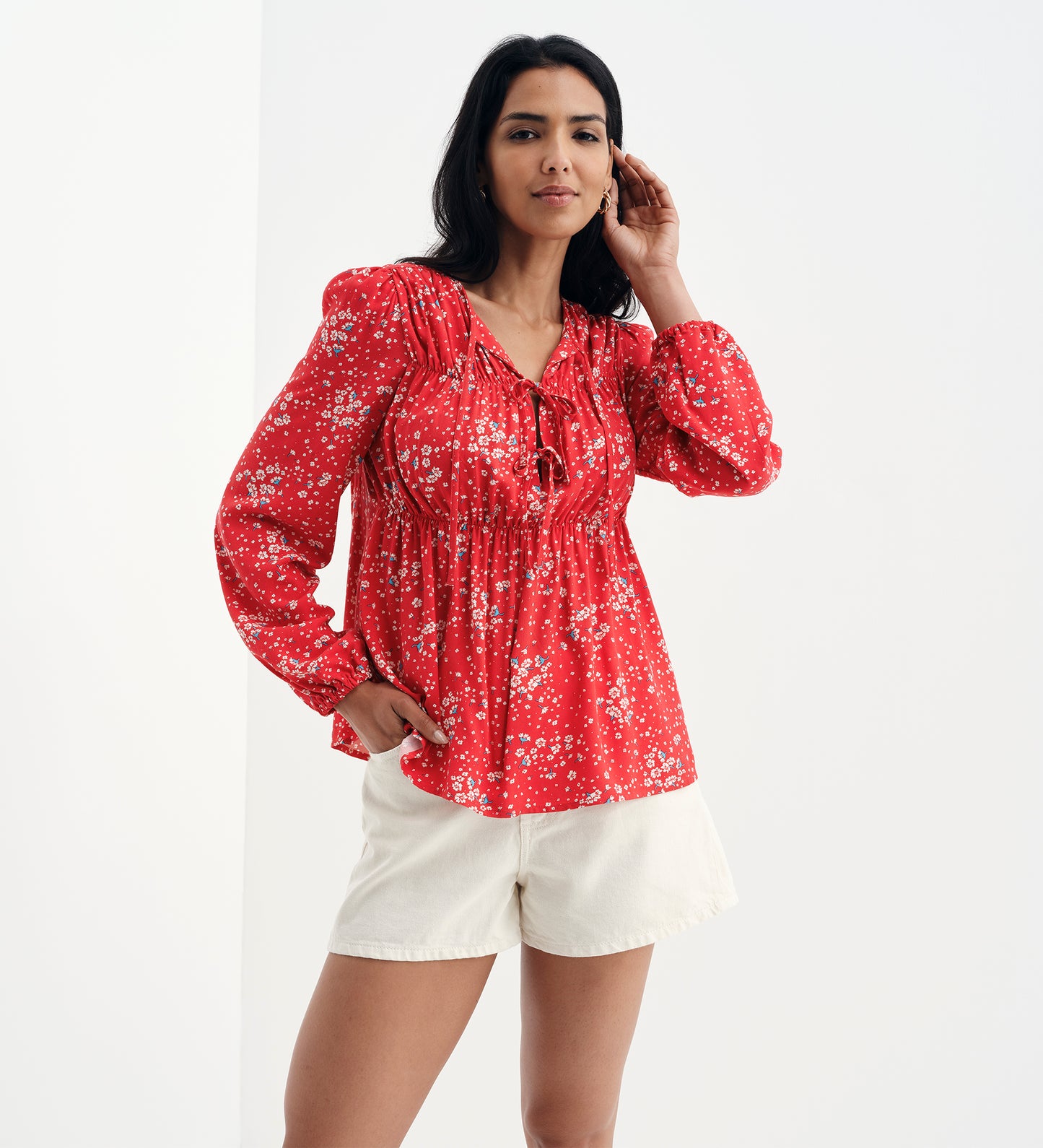 Roisin Red Ditsy Bow Front Elasticated Long Sleeve Blouse