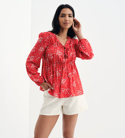 Roisin Red Ditsy Bow Front Elasticated Long Sleeve Blouse