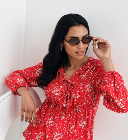 Roisin Red Ditsy Bow Front Elasticated Long Sleeve Blouse