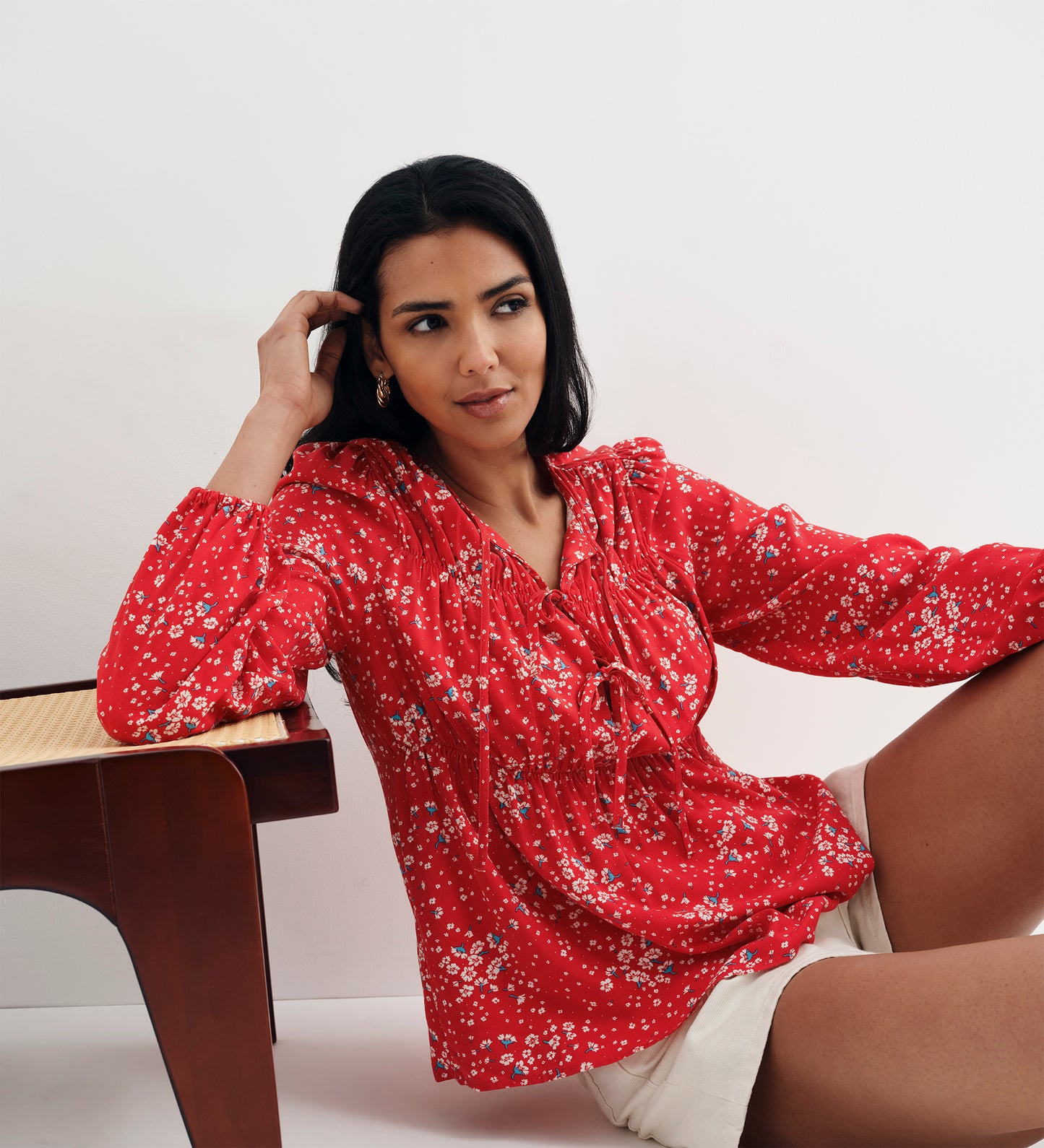 Roisin Red Ditsy Bow Front Elasticated Long Sleeve Blouse