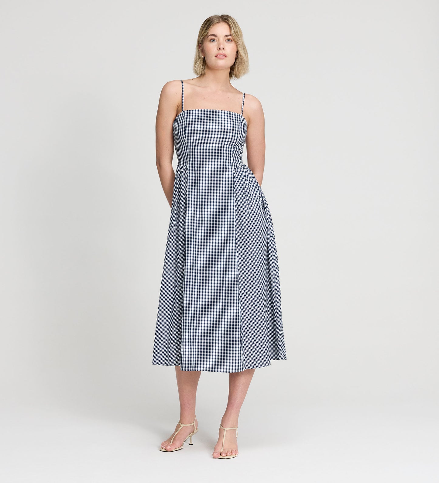 Romina Navy Cotton Gingham Fitted Midi Dress