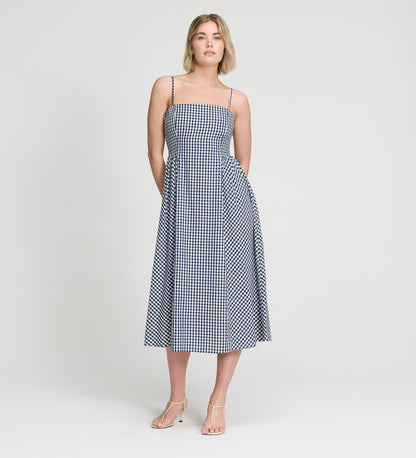 Romina Navy Cotton Gingham Fitted Midi Dress