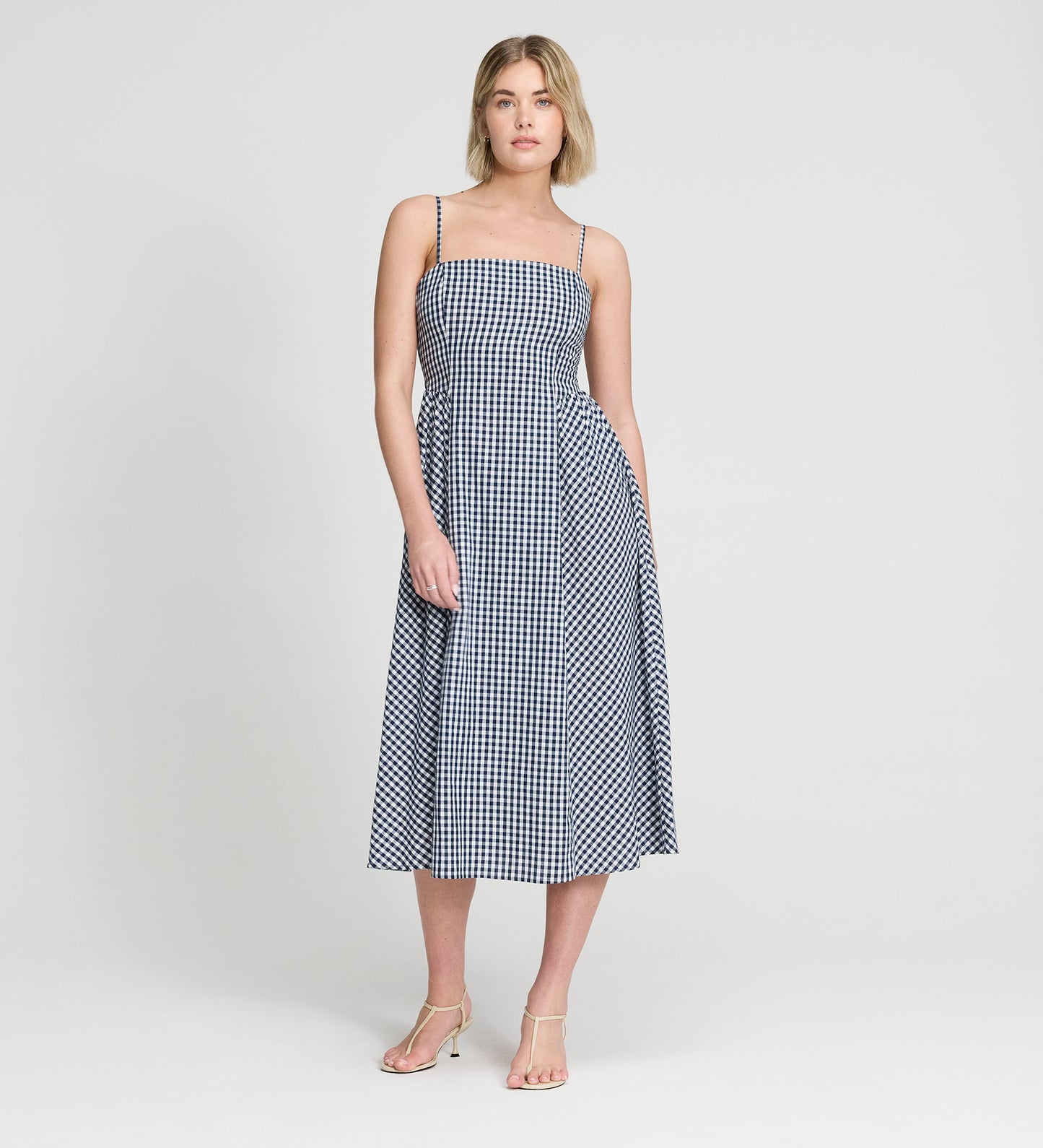 Romina Navy Cotton Gingham Fitted Midi Dress