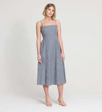 Romina Navy Cotton Gingham Fitted Midi Dress