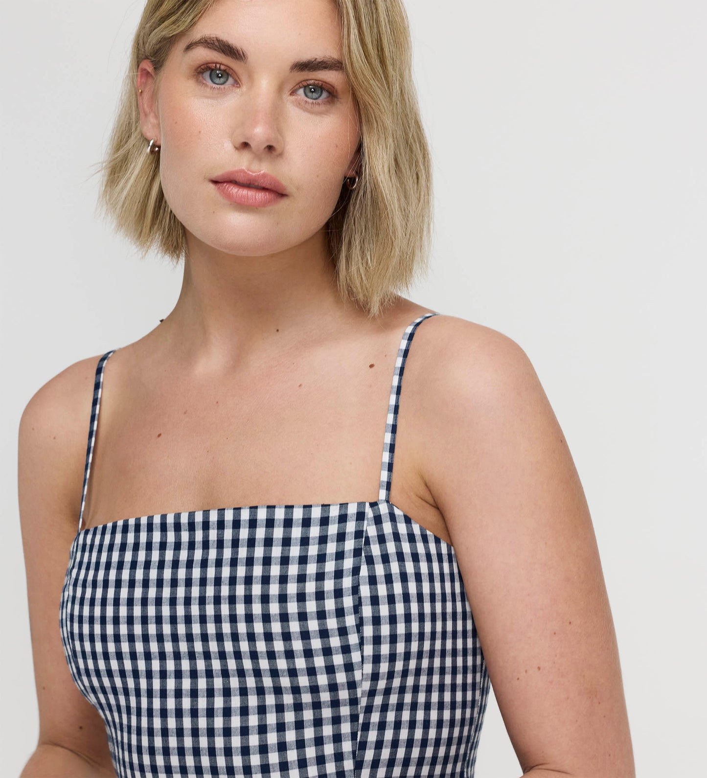 Romina Navy Cotton Gingham Fitted Midi Dress