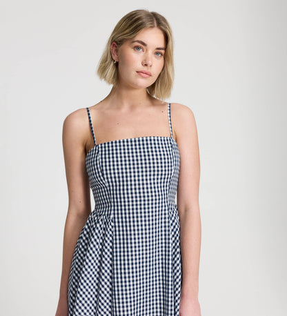 Romina Navy Cotton Gingham Fitted Midi Dress