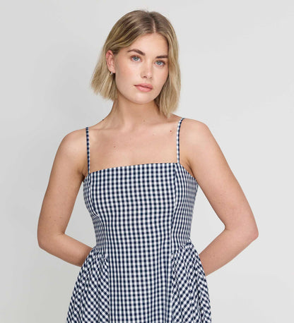 Romina Navy Cotton Gingham Fitted Midi Dress