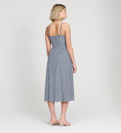 Romina Navy Cotton Gingham Fitted Midi Dress