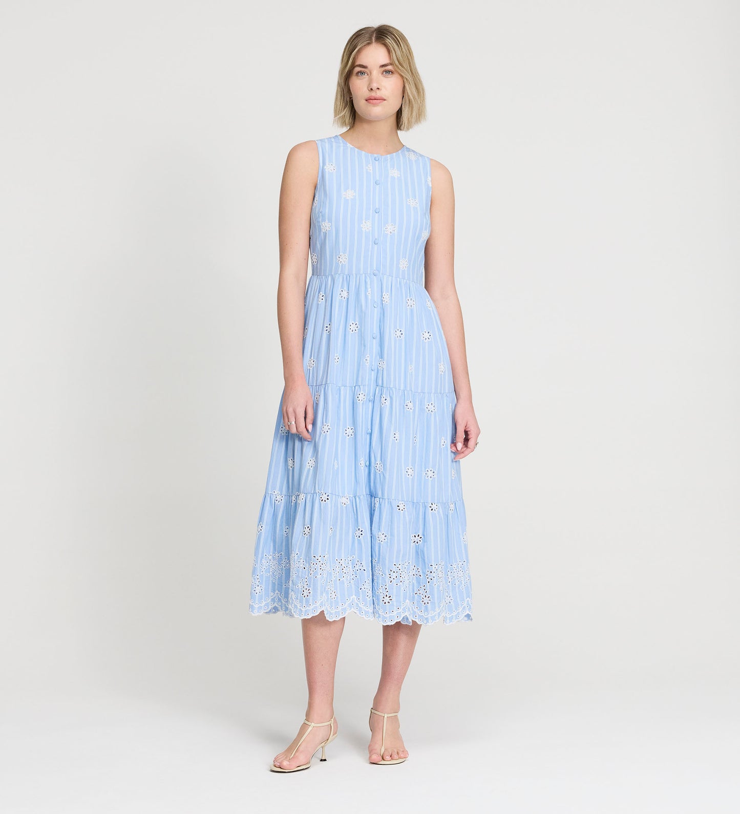Rose Blue Stripe Cotton Broderie Sleeveless Midi Dress